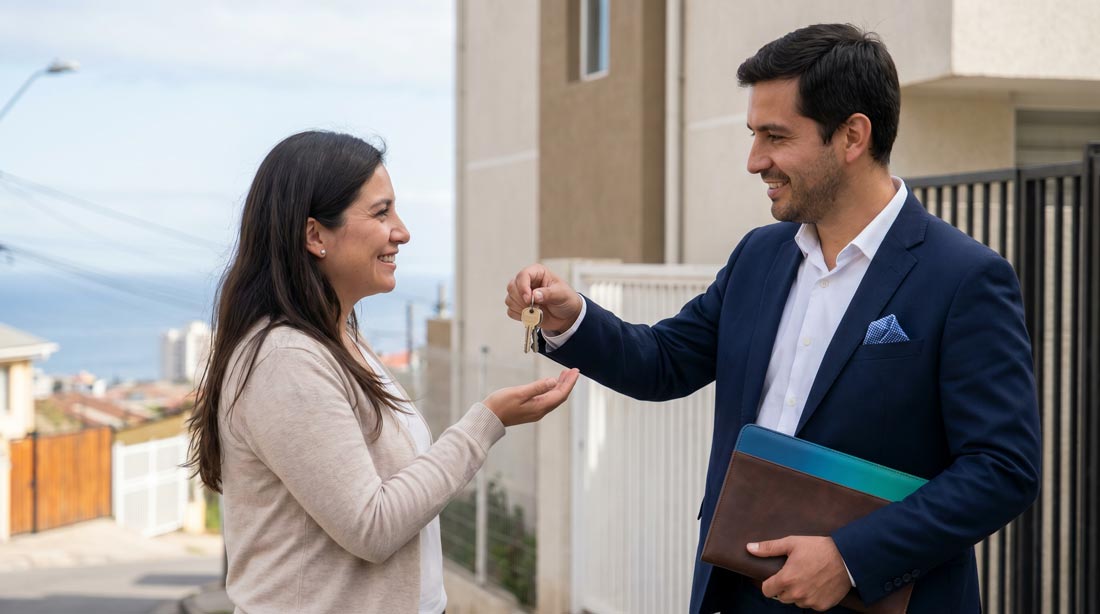 Corredor de propiedades en Chile entregando llaves a propietario tras venta exitosa.