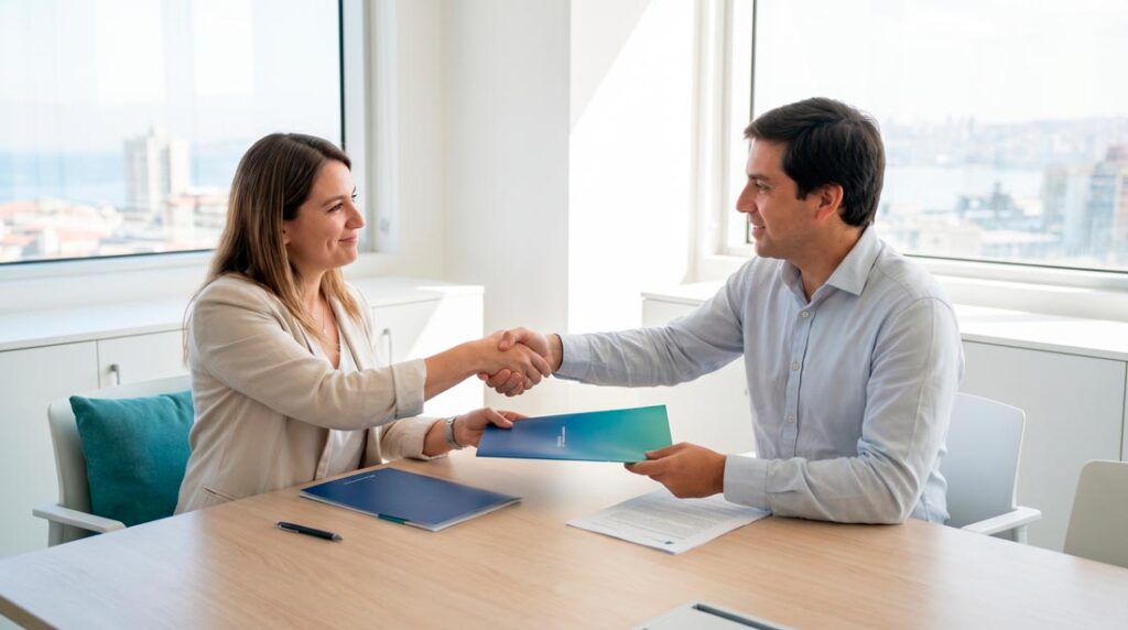 Propietario y arrendatario revisando contrato de arriendo en Chile 2026