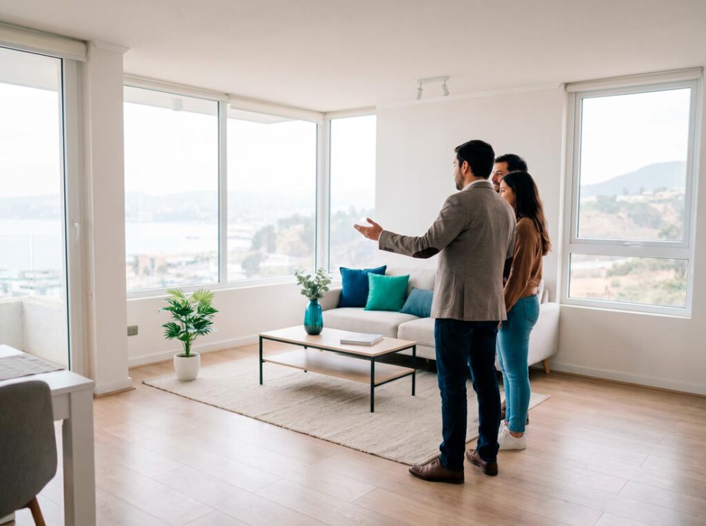 Visita organizada a propiedad en arriendo Chile, corredor mostrando departamento.